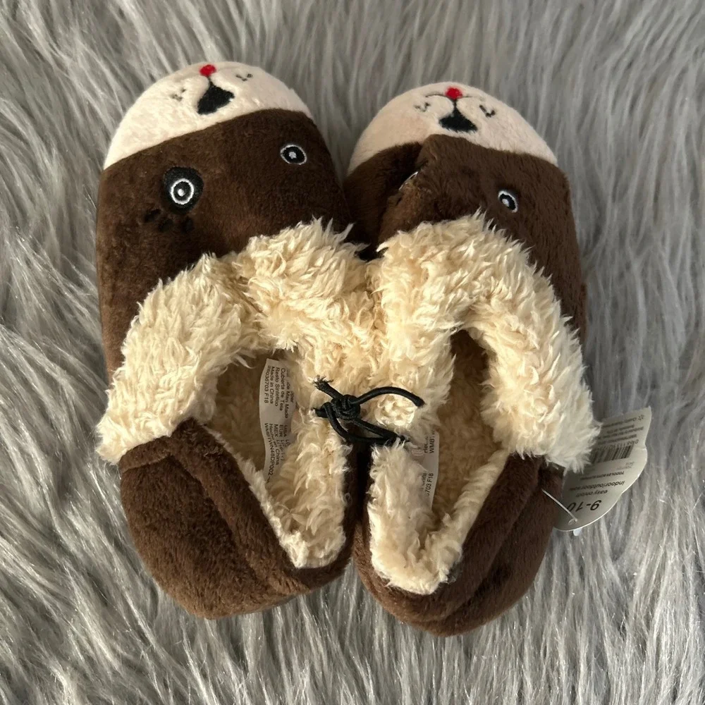 Wonder Nation Dog Slippers Toddler Boys Size 9-10 Brown Slip On Lined Shoes